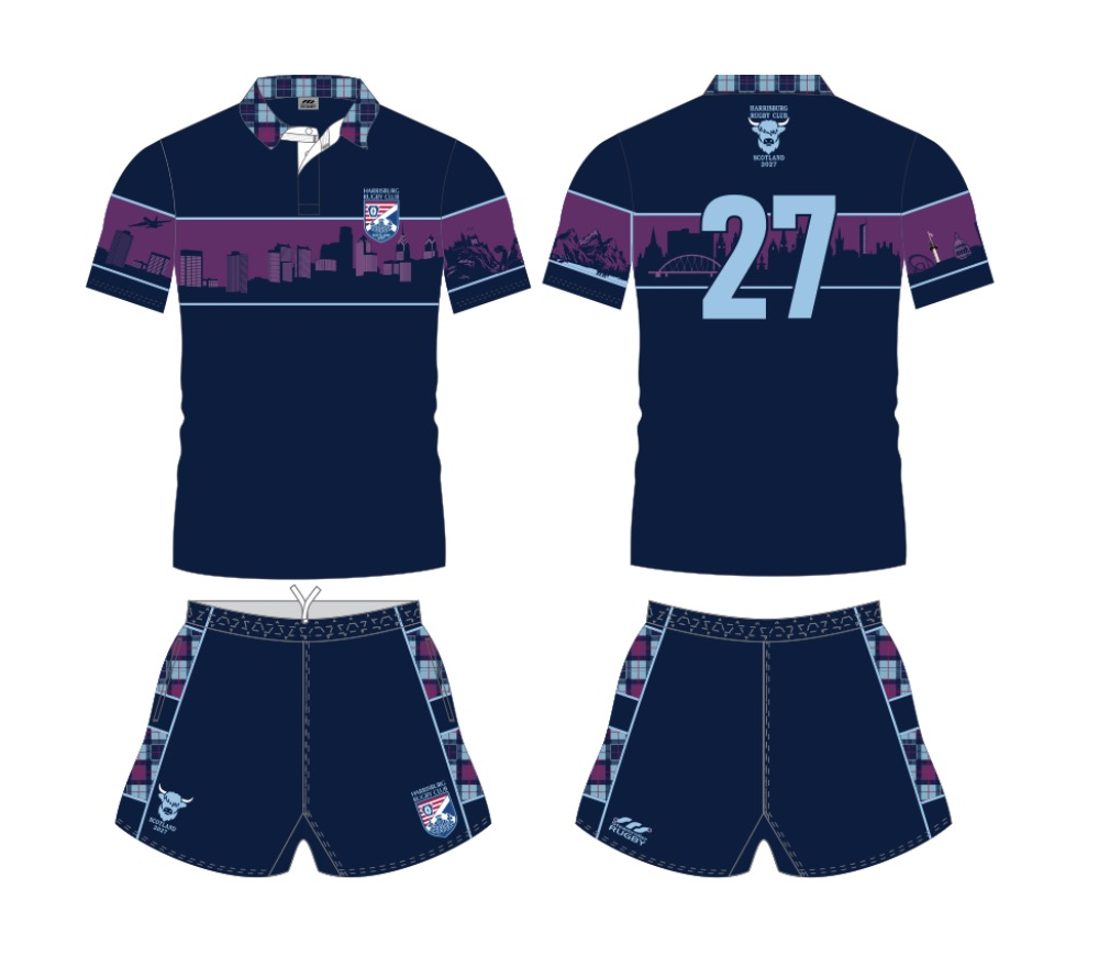 Harrisburg Rugby Scotland 2027 navy and purple tour jersey and matching shorts, front and back
